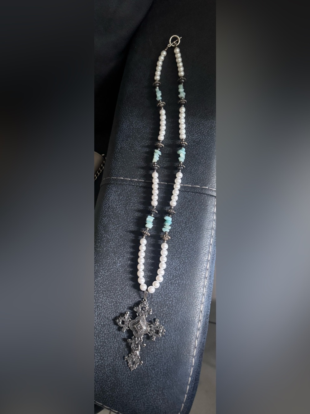 Pearl and Light Blue Gemstone Beaded Necklace - Unbranded